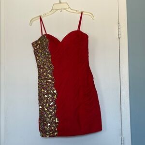 Elegant Red Dress with Gold Accents
